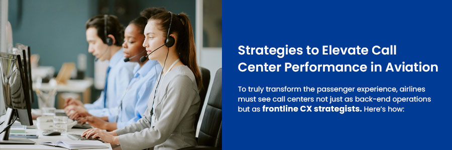 Call center agents wearing headsets working at computers, representing aviation call centers. Text on image reads: 'Strategies to Elevate Call Center Performance in Aviation.'