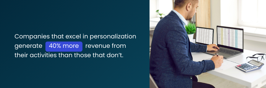 "Business professional analyzing data on multiple laptop screens at a modern workspace. The graphic highlights a statistic stating that companies excelling in personalization generate '40% more' revenue than those that don’t."