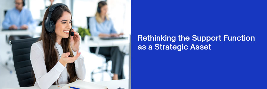 Customer service representative with headset providing support in an office, illustrating the strategic value of the support function.