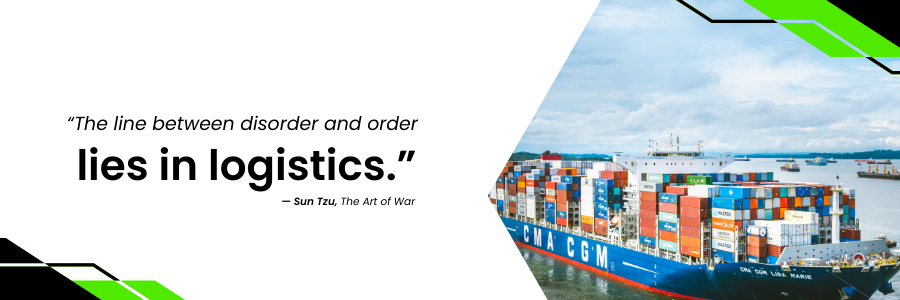 Dispatch Call Center Services supporting logistics efficiency with Sun Tzu quote and container ship loaded with cargo.