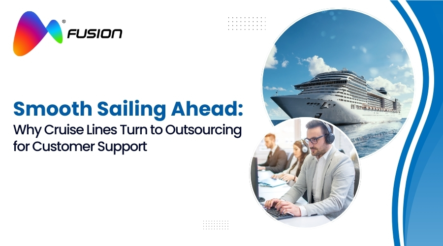 Cruise line customer support outsourcing with agents providing assistance and a cruise ship at sea, highlighting outsourcing benefits for guest experience.