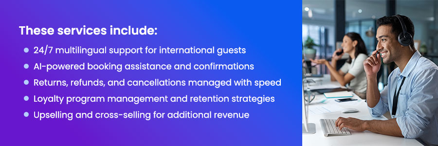 Traveler experience BPO services team providing 24/7 multilingual support, AI booking assistance, refunds, loyalty management, and upselling solutions.