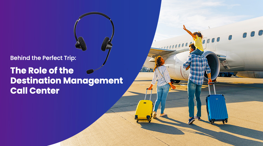 Family with luggage at an airport near a plane and headset graphic—visual for an article on the role of a destination management call center in seamless travel.