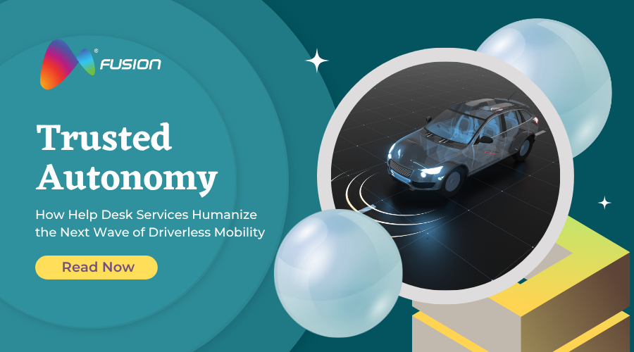 Futuristic blue-themed banner showcasing Autonomous Vehicle Help Desk Services enhancing trust and human connection in autonomous mobility