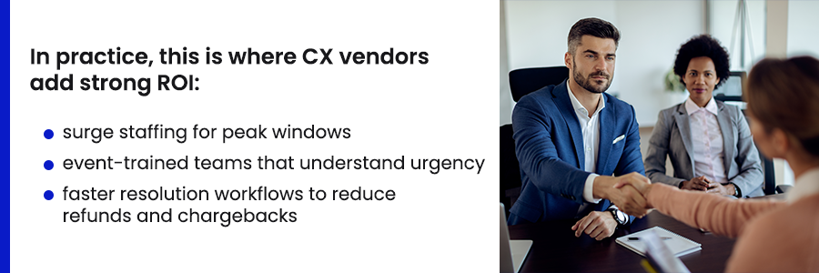 Travel trends in 2026 graphic highlighting how CX vendors add strong ROI—surge staffing, event-trained teams, and faster resolution workflows—alongside a business meeting handshake.