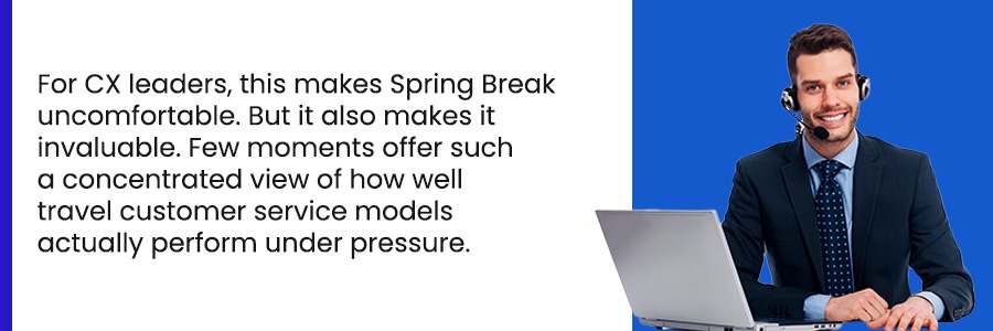 Travel customer service agent with headset illustrating Spring Break travel customer experience and the role of Travel BPO services under peak pressure.
