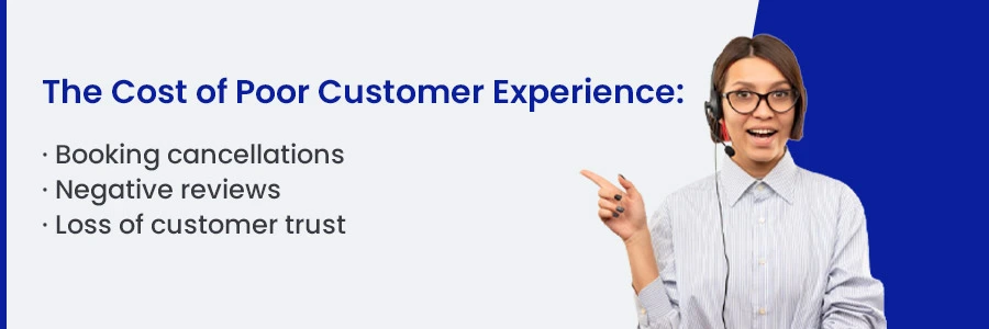Cost of poor customer experience in travel showing booking cancellations, negative reviews, and loss of customer trust with support agent illustration