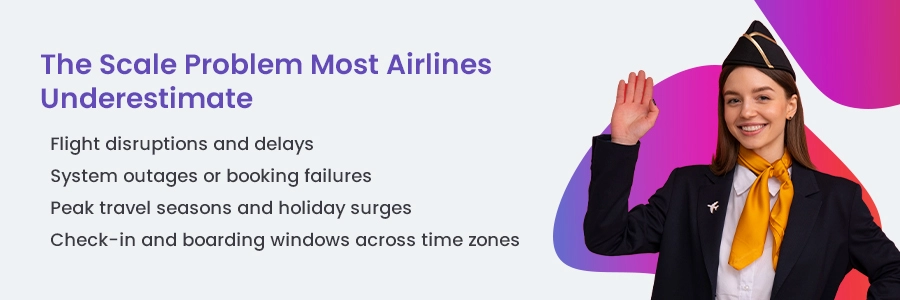 Airline crew member waving beside text highlighting operational challenges in scaling airline technical support services during disruptions, booking failures, and peak travel demand.