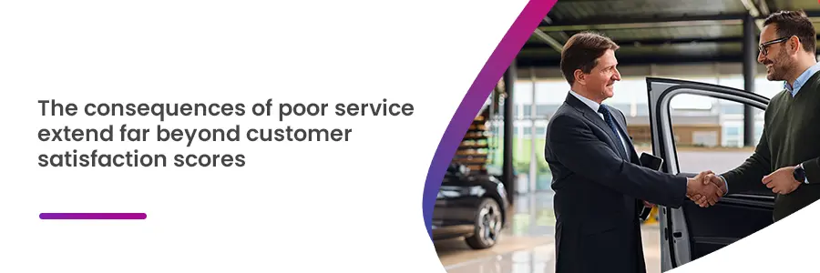 Two professionals shaking hands beside a rental vehicle, representing the business impact of customer experience and service quality in the car rental industry.