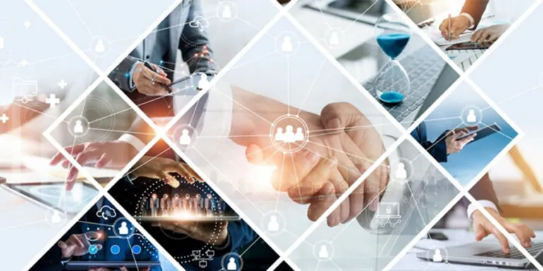 Collage of business activities such as meetings, calculations and handshakes