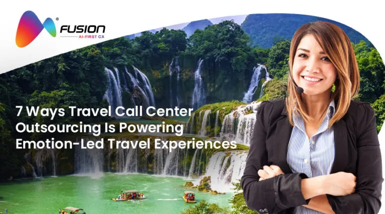 Travel call center outsourcing banner featuring support agent with headset and scenic destination highlighting emotion-led travel experiences