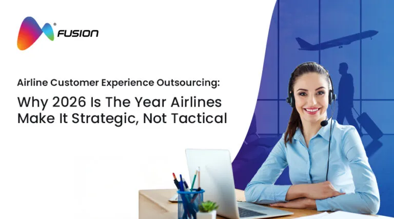 Customer service agent with headset working at a desk, representing airline customer experience outsourcing in 2026, with airplane and airport background and Fusion branding.