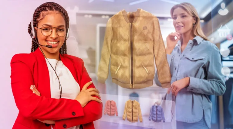 Fashion retail agent in a headset with a jacket and shoppers in the background
