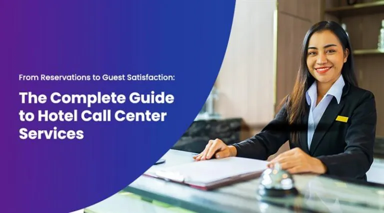 Smiling hotel receptionist at the front desk representing hospitality BPO services and hotel call center outsourcing for guest support.