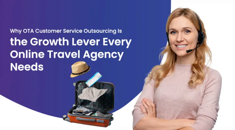 A smiling female customer service agent wearing a headset standing beside an open suitcase with travel essentials, representing OTA customer service outsourcing and the growth of online travel agencies.