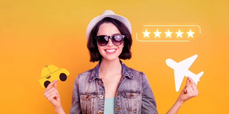 Smiling traveler in sunglasses with a five-star rating and a plane icon