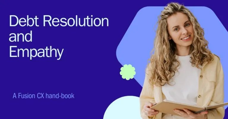 Debt resolution and empathy: a Fusion CX handbook, with a smiling woman holding a book