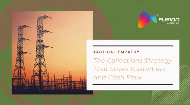 Utility customer support outsourcing blog banner — Tactical Empathy: The Collections Strategy That Saves Customers and Cash Flow, with power transmission towers at sunset, Fusion CX