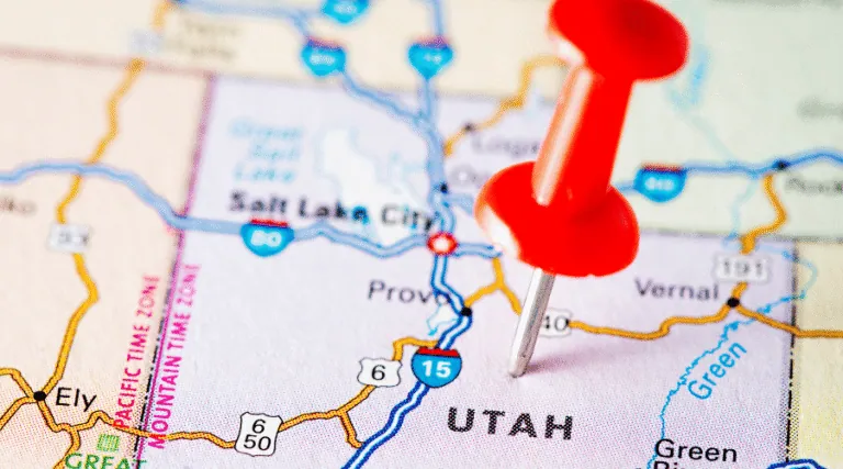 Map with a red pin marking Utah