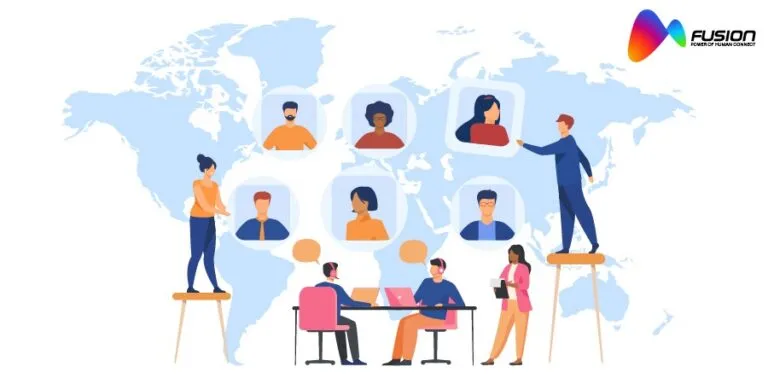 Illustration of people connected across a world map