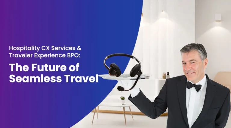 Hospitality CX services and traveler experience BPO illustration showing a concierge holding a headset on a tray, symbolizing seamless travel support.