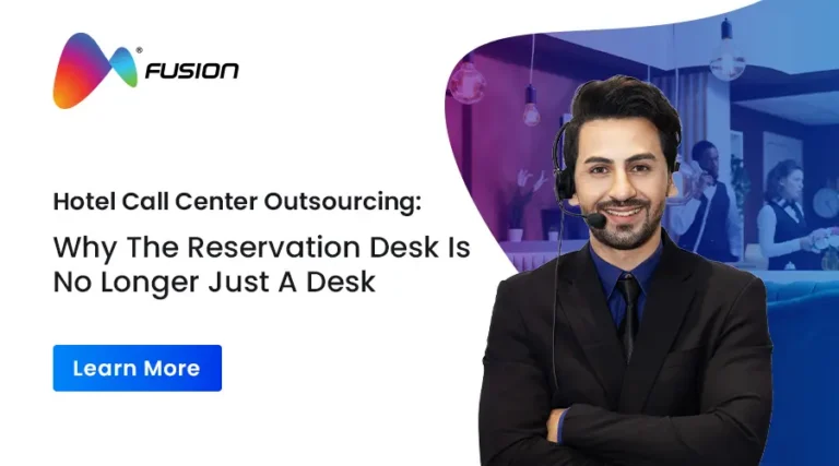 Hotel call center outsourcing banner featuring a reservation support agent with headset, highlighting modern booking support and hospitality call center services.