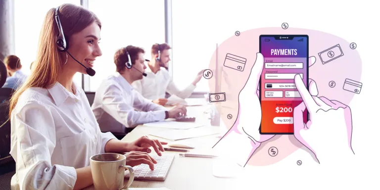 Utility support agents in headsets beside a phone showing a bill payment