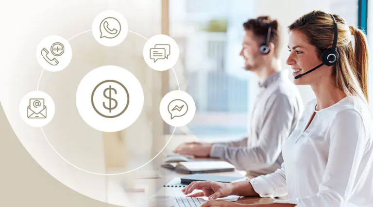 Agents in headsets beside payment and communication channel icons