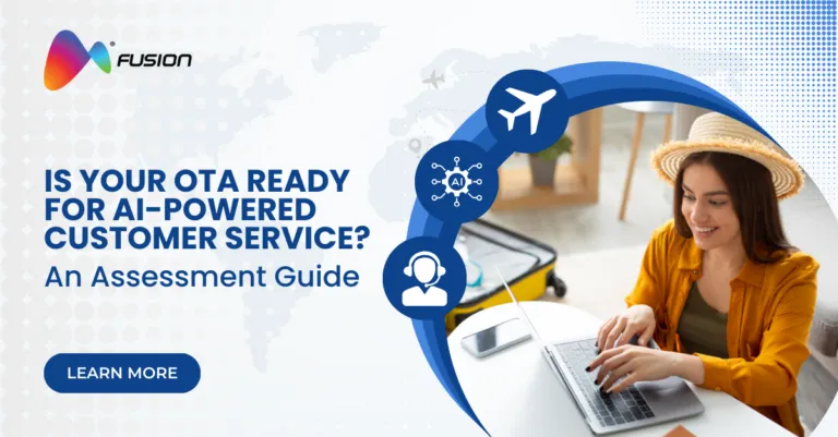 Online travel agency representative using AI-powered customer service tools on a laptop; promotional banner for an assessment guide on AI in travel customer support, highlighting OTA customer service outsourcing and online travel agency BPO services.
