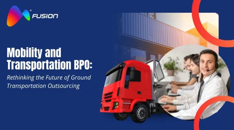 Mobility and transportation BPO illustration showing a red truck, call center agents with headsets, and Fusion branding, representing ground transportation outsourcing.