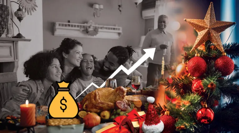 Holiday dinner scene with a Christmas tree, a money bag and a rising sales arrow