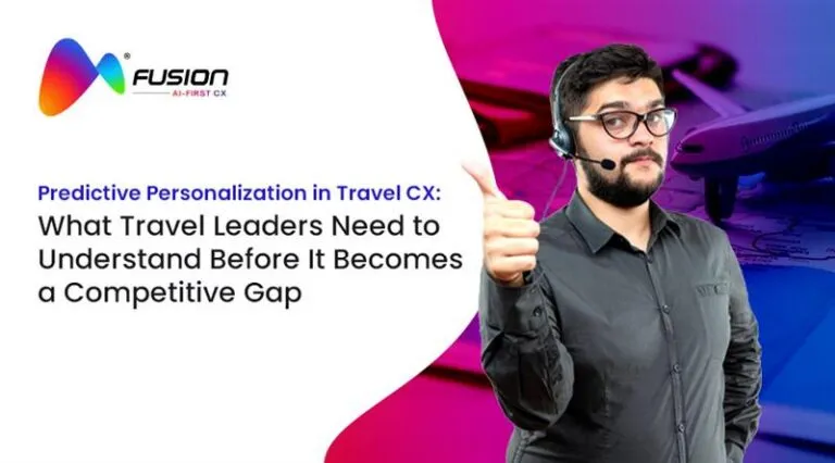 Predictive personalization in travel CX concept with contact center agent wearing headset and airplane in background