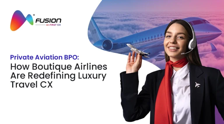 Private aviation BPO for luxury travel CX showing airline customer support agent with headset and premium aircraft background