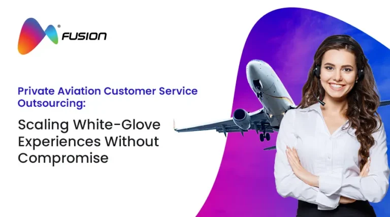 Fusion CX banner showing a smiling customer service agent with headset beside a private jet, promoting private aviation customer service outsourcing and white-glove experience scaling.