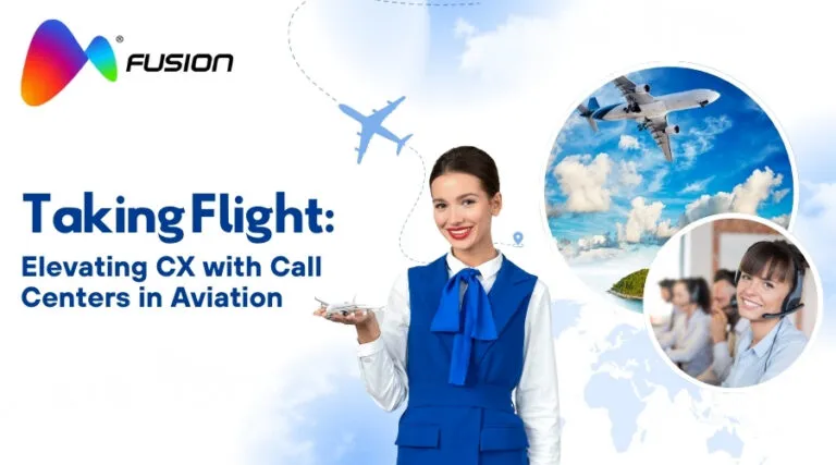 Smiling airline staff with airplane model, call center agents, and jet in sky, promoting aviation call centers to elevate customer experience with Fusion CX.