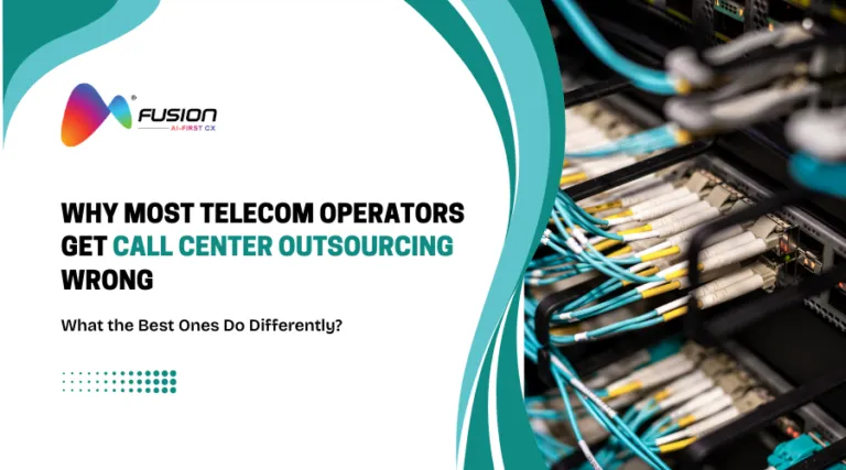 Telecommunication call center outsourcing banner showing telecom network infrastructure and AI-first customer support strategy