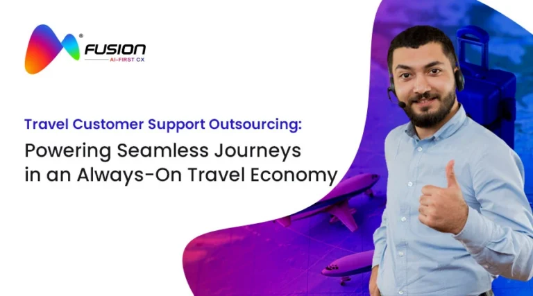 Travel customer support outsourcing concept with call center agent and travel visuals highlighting seamless journeys in an always-on travel economy