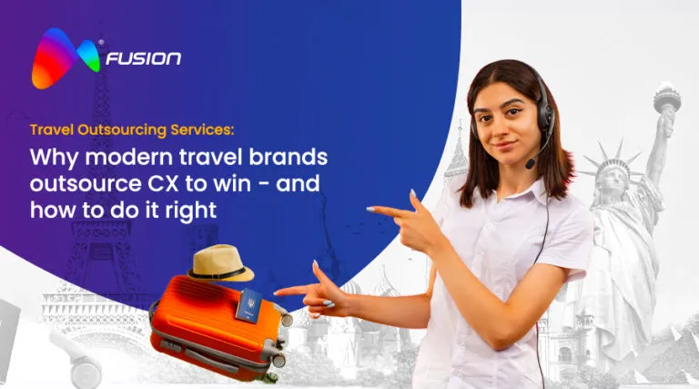 Travel Outsourcing Services illustration showing a customer support agent with headset pointing to luggage and global landmarks, representing how modern travel brands outsource CX to scale support and improve customer experience.