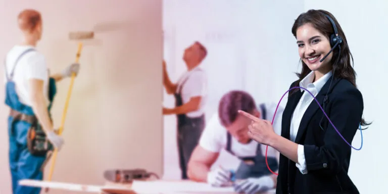 Home service workers painting and repairing as an agent in a headset assists