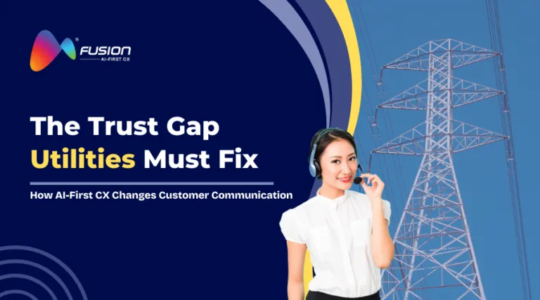 Utility CX outsourcing services banner showing power transmission tower and customer support agent, highlighting the trust gap utilities must fix with AI-first CX.