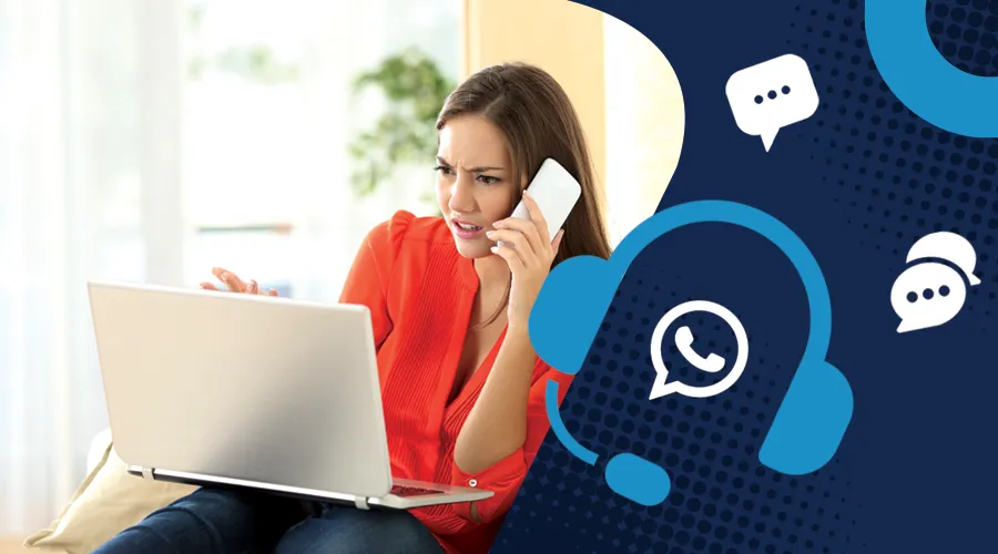 Woman on the phone checking an order on her laptop with chat icons