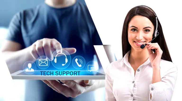 Tech support concept with a smiling agent in a headset and a hand using a tablet