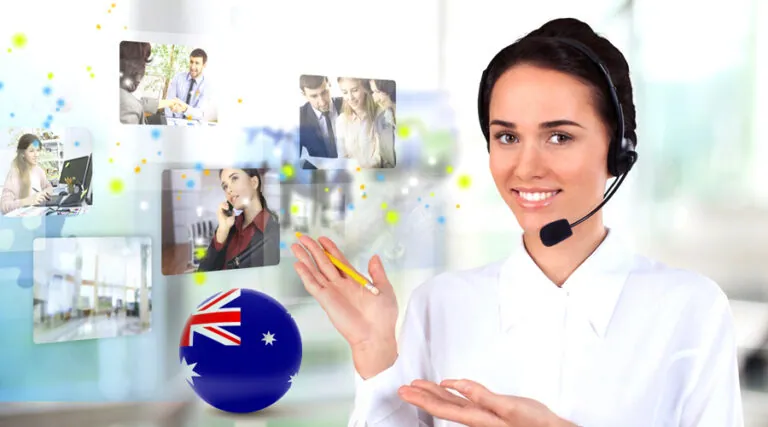 Smiling agent in a headset beside an Australian flag icon and digital screens