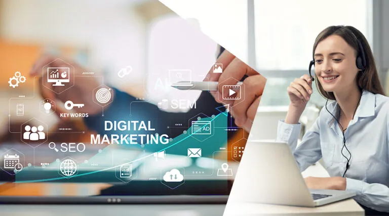Agent in a headset beside digital marketing and SEO icons