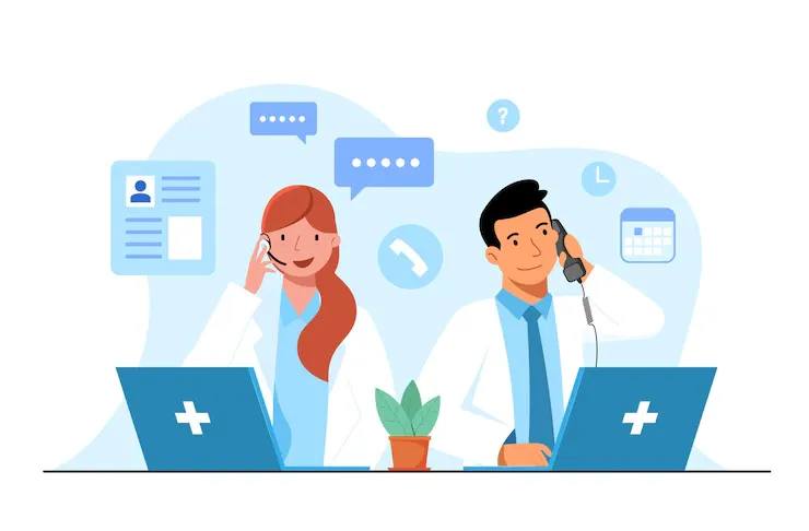 Illustration of a doctor and a patient talking on the phone at laptops