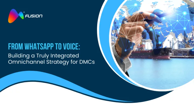 Digital hand interacting with a global network map, symbolizing integrated communication channels like WhatsApp and voice, representing Fusion CX's omnichannel strategy for Destination Management Companies (DMCs)