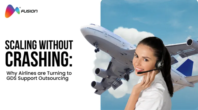 "Fusion CX banner showing an airplane in flight with a smiling call center agent, highlighting GDS support outsourcing for airlines."