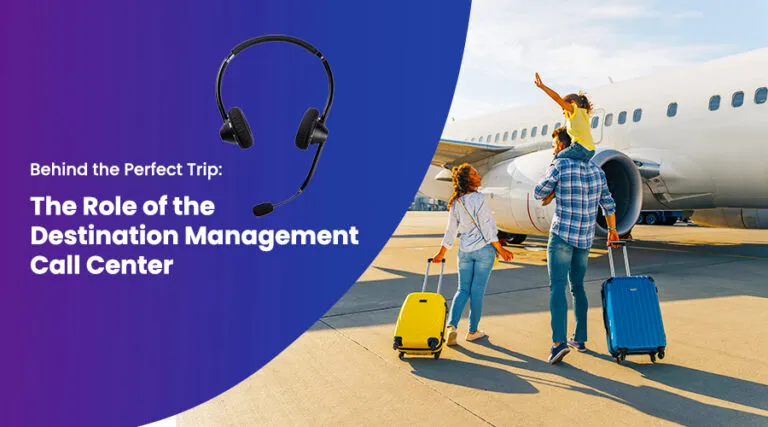 Family with luggage at an airport near a plane and headset graphic—visual for an article on the role of a destination management call center in seamless travel.