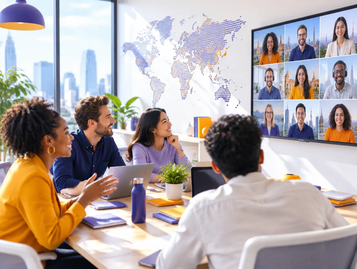 Team collaborating with colleagues across countries