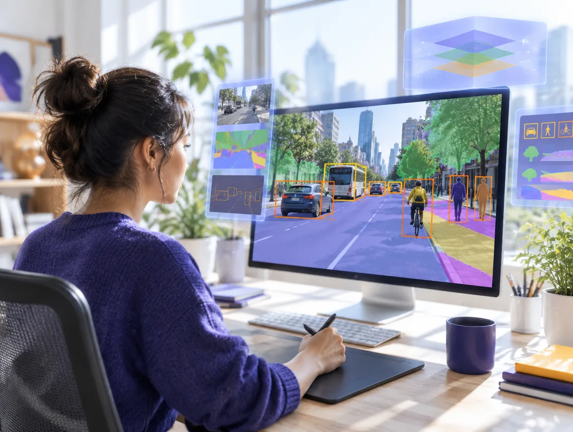 Data annotator labeling images with bounding boxes and point clouds